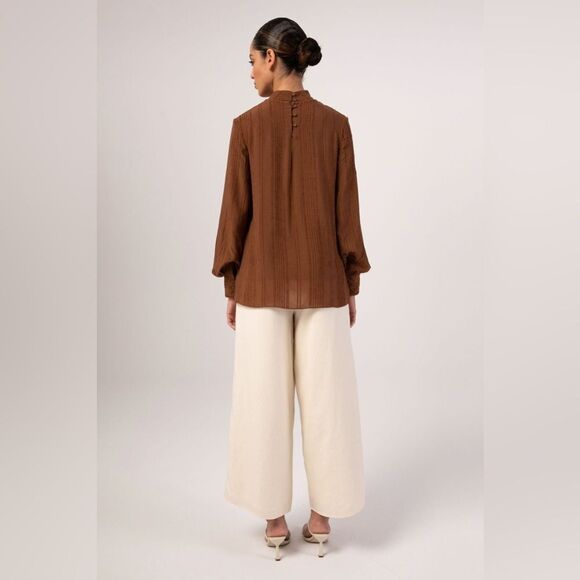 VEILED New York Textured Rayon Balloon Sleeve Blouse - Brown Cocoa - Picture 4 of 15
